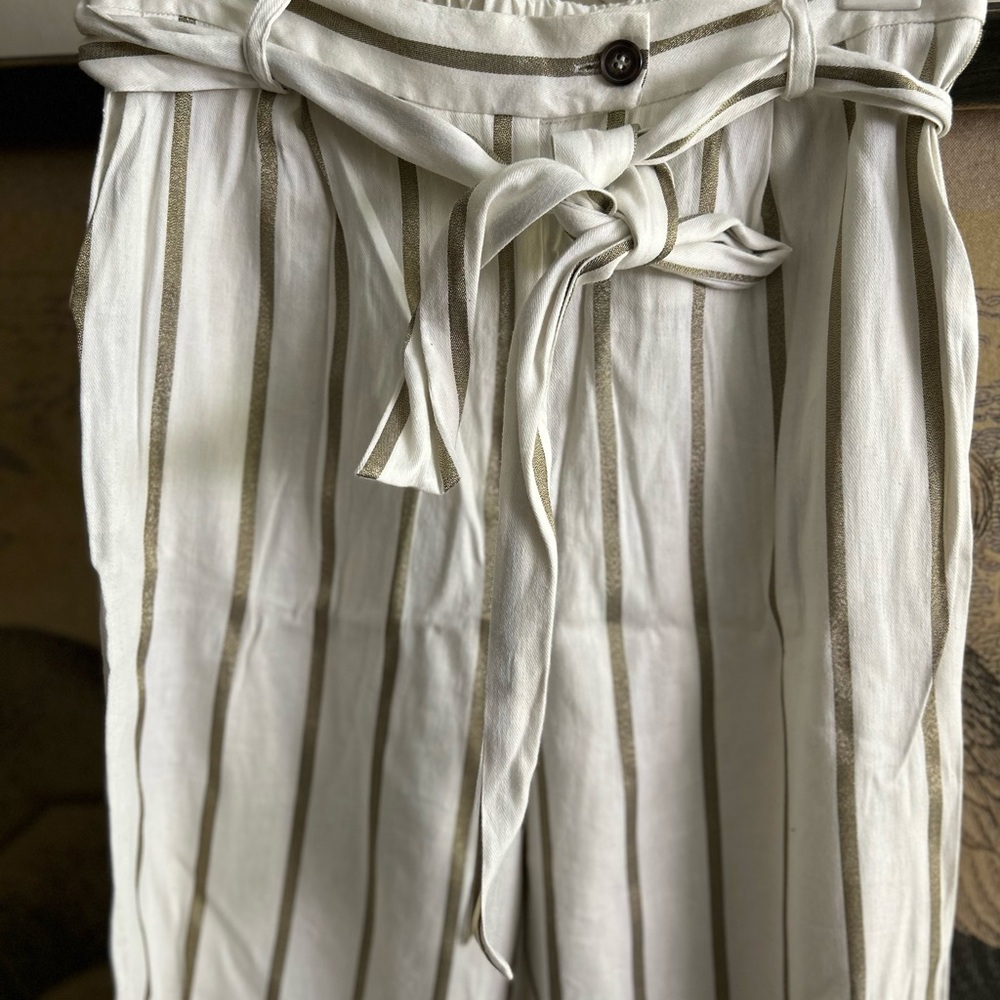 * FRNCH Paris Striped White Gold Trouser Pants SZ Large *